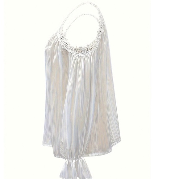 Boho White Lace Cold Shoulder Striped Loose Fit Blouse - Picture 5 of 5